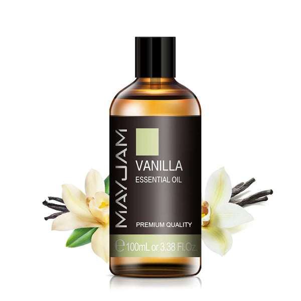 MAYJAM 100ml Pure Essential Oil bottle for aromatherapy, diffuser use, and home fragrance with vanilla, eucalyptus, and lavender scents.
