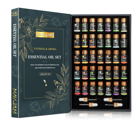 MAYJAM 35-Piece Pure Essential Oil Gift Set bottles for aromatherapy, diffuser blends, massage, and home fragrance use.