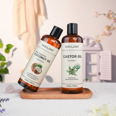 MAYJAM cold pressed castor oil bottle for hair care, face moisturizing, and body massage use.