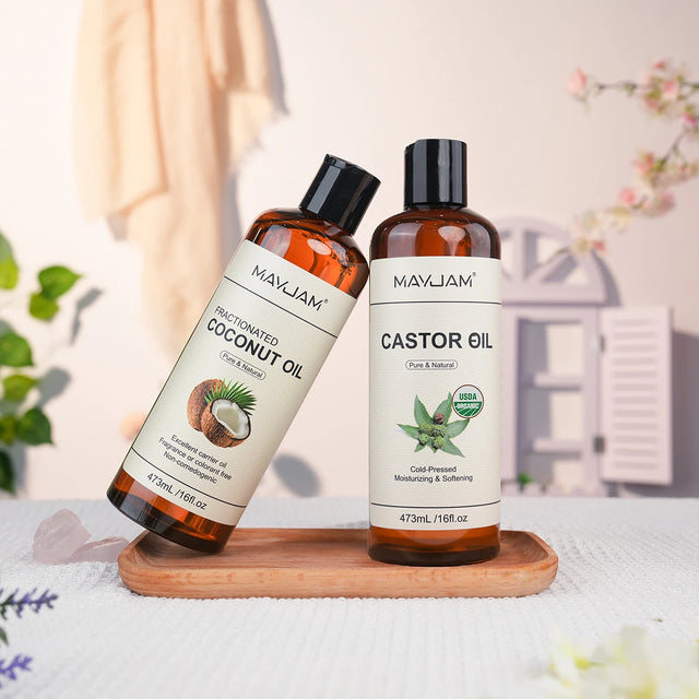 MAYJAM cold pressed castor oil bottle for hair care, face moisturizing, and body massage use.