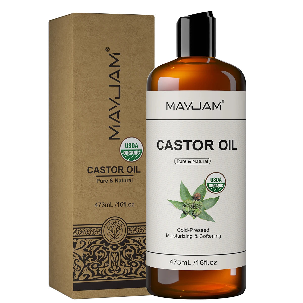 MAYJAM castor oil bottle for hair nourishment, face care, and relaxing body massage.