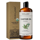 MAYJAM castor oil bottle for hair nourishment, face care, and relaxing body massage.