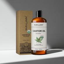 MAYJAM 473ml Cold-Pressed Castor Oil bottle and box on gray background for skin and hair care.
