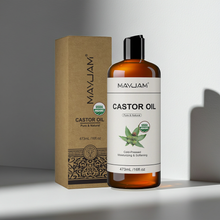 MAYJAM 473ml Cold-Pressed Castor Oil bottle and product box packaging on white background.