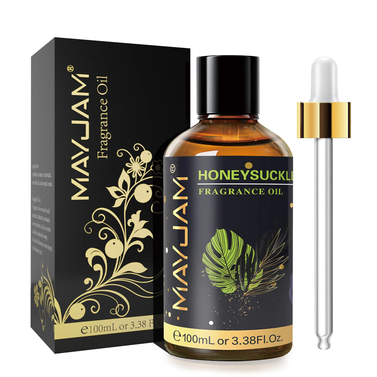 MAYJAM essential oil bottle with dropper for scented oil blending, massage preparation, and diffuser recipes.