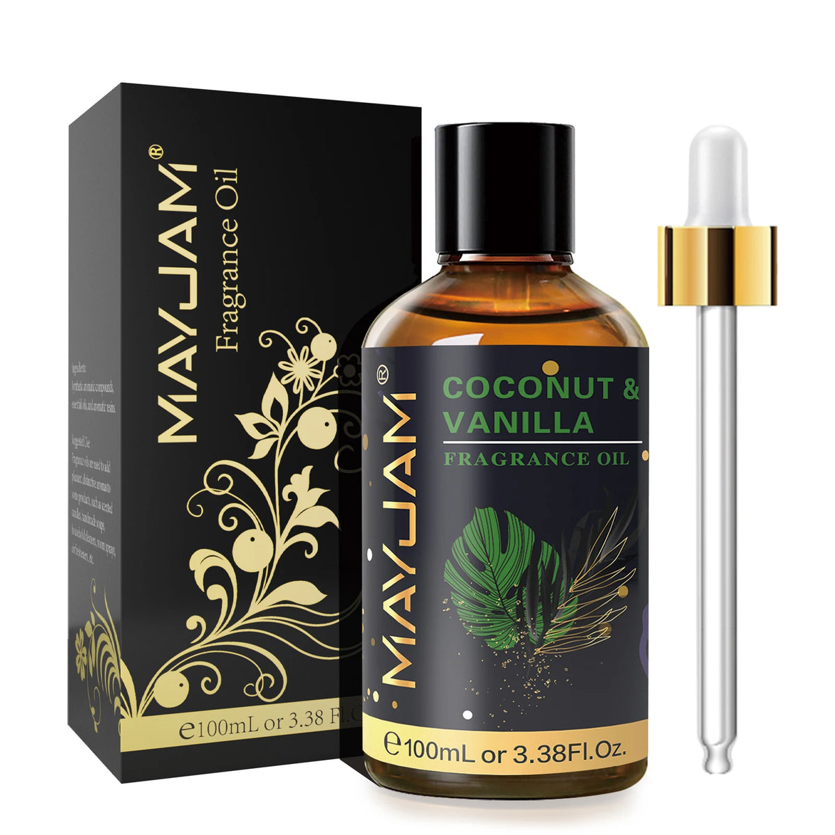 MAYJAM essential oil glass dropper bottle for diffuser applications, massage preparation, and peaceful ambiance.