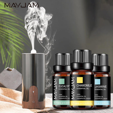 MAYJAM Essential Oils Set bottle collection for diffuser use, DIY candle making, soap crafting, and home fragrance.