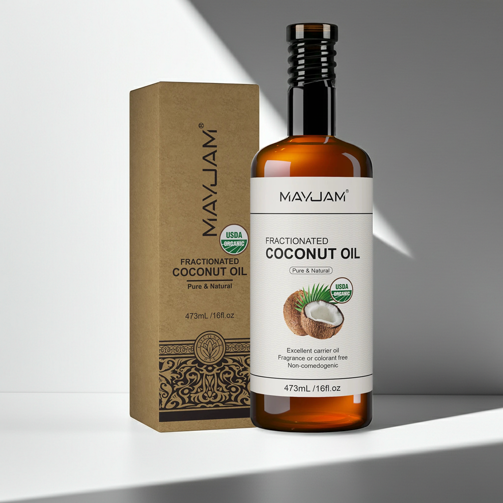 MAYJAM 473ml Cold-Pressed Fractionated Coconut Oil bottle and packaging for hair and skin care.