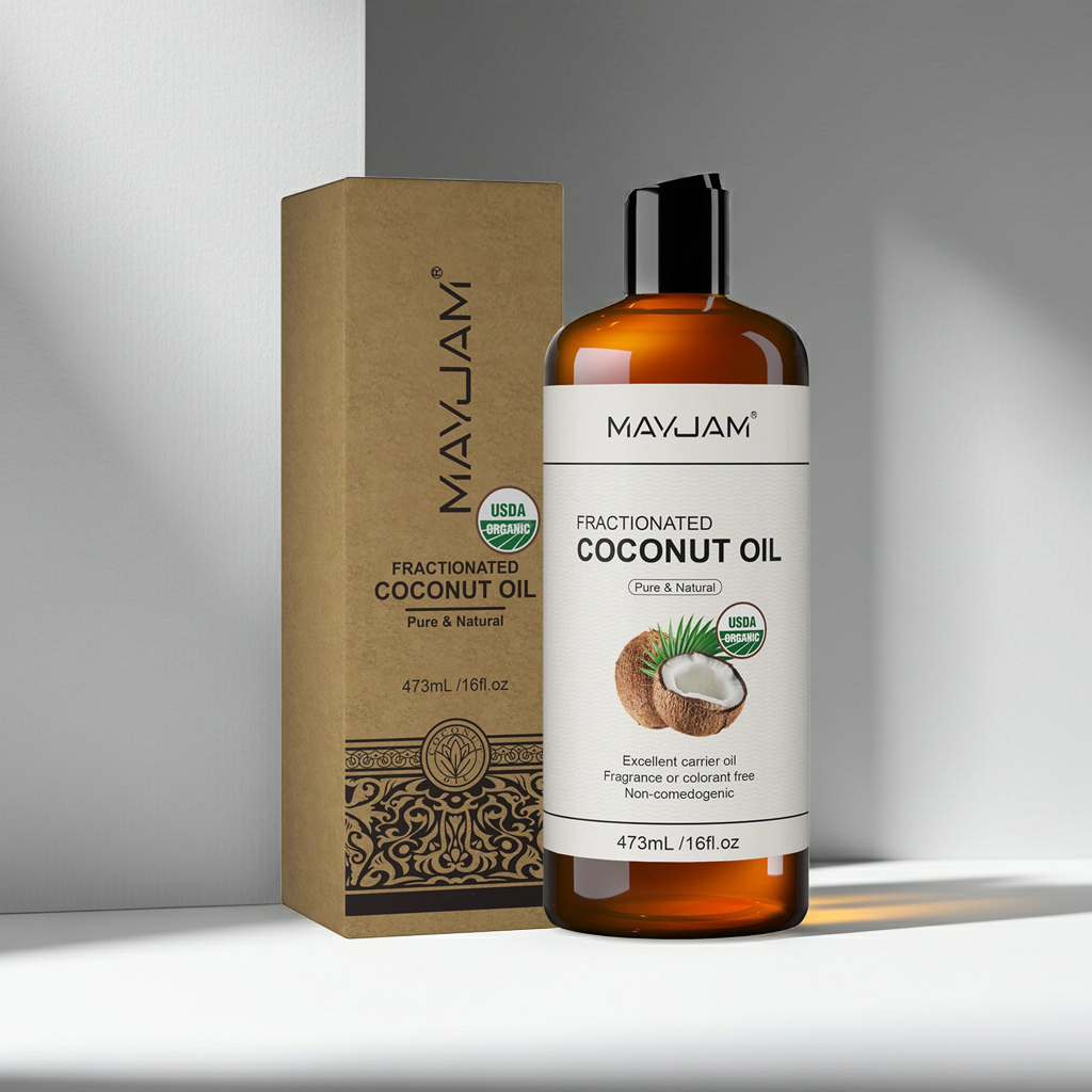 MAYJAM 473ml Cold-Pressed Fractionated Coconut Oil bottle for skin, hair, and essential oil blending.