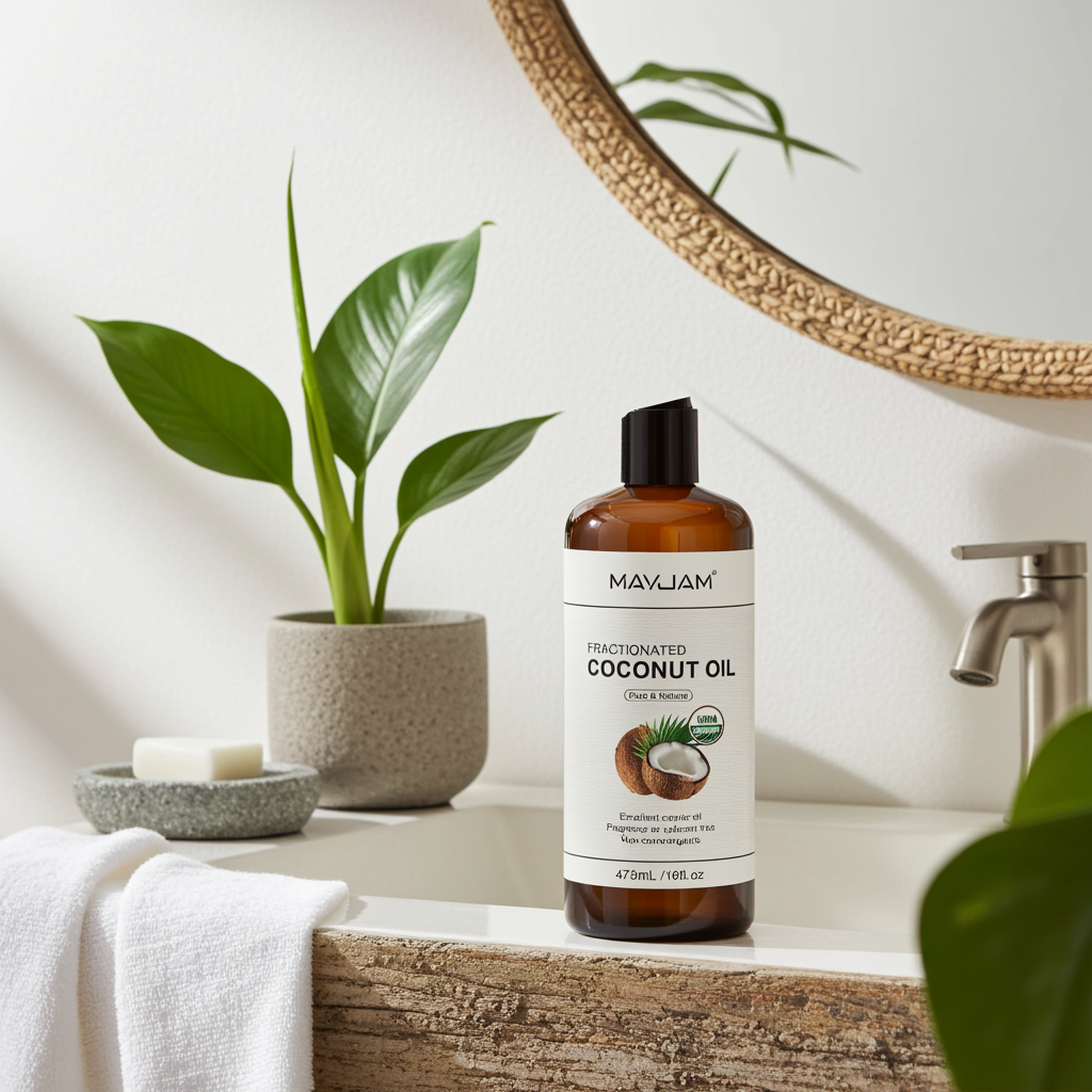 MAYJAM 473ml Cold-Pressed Fractionated Coconut Oil product bottle for daily moisturizing and body care.
