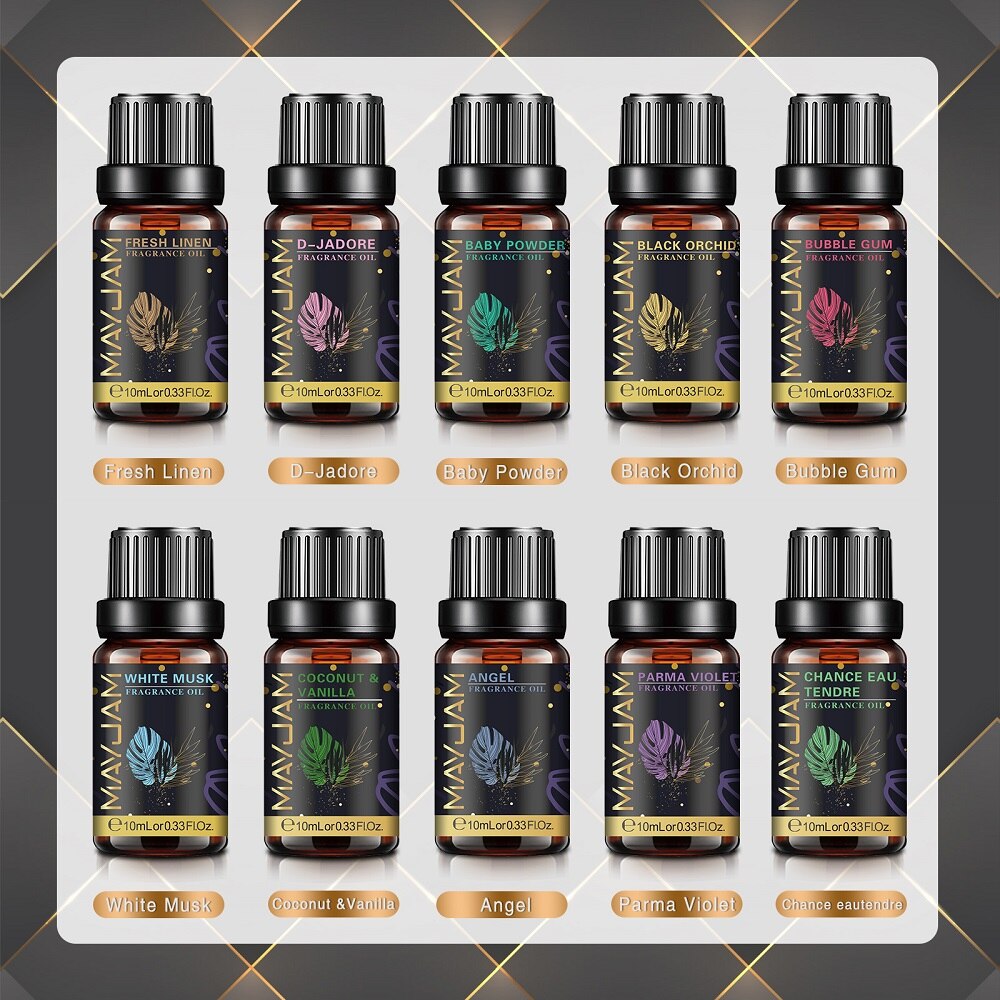 Ten MAYJAM fragrance oil scents named on their bottles: fresh linen, baby powder, black orchid, bubble gum, white musk, coconut and vanilla, parma violet and three designer-inspired interpretations.