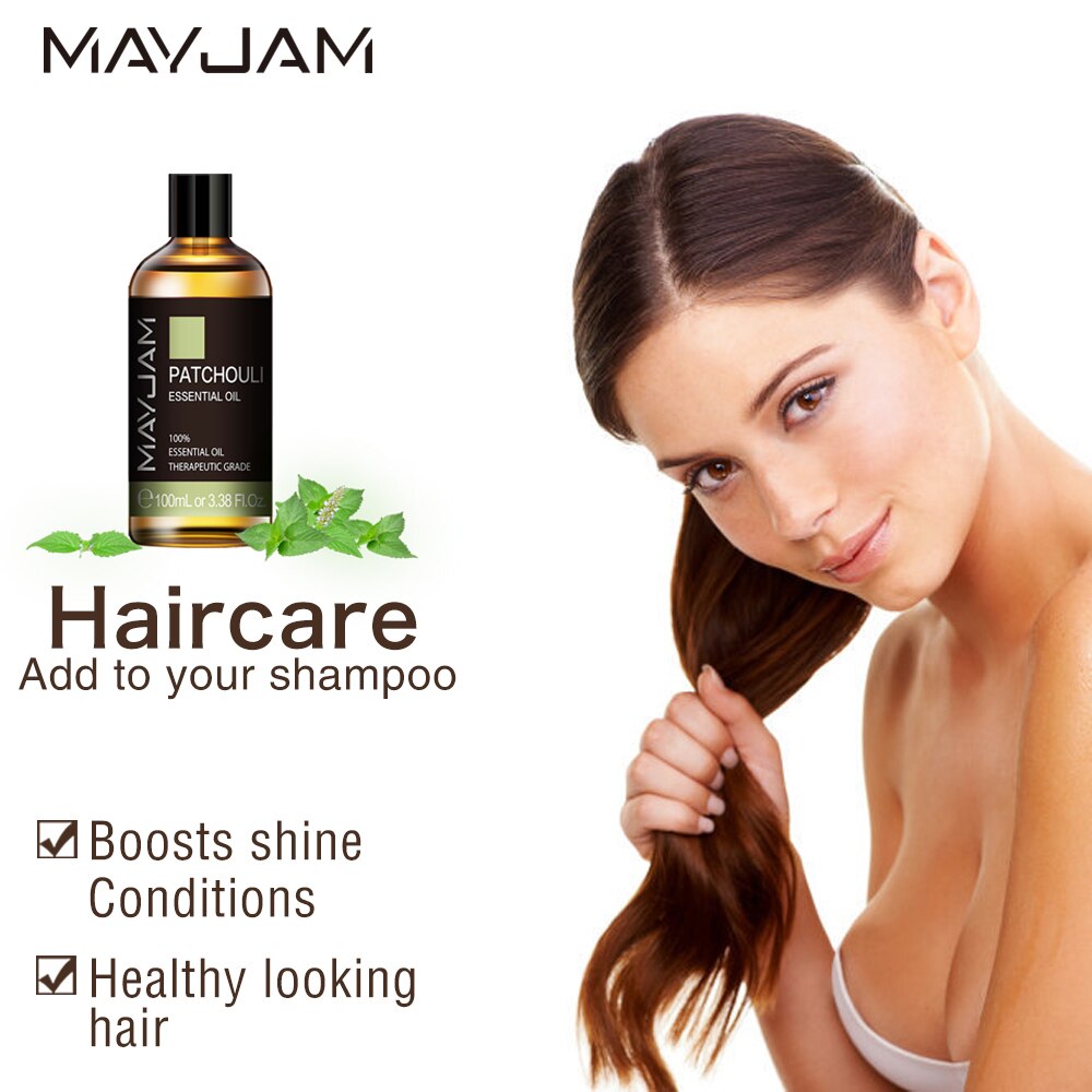 MAYJAM Patchouli Essential Oil bottle for massage oil blending, body care, and spa use.
