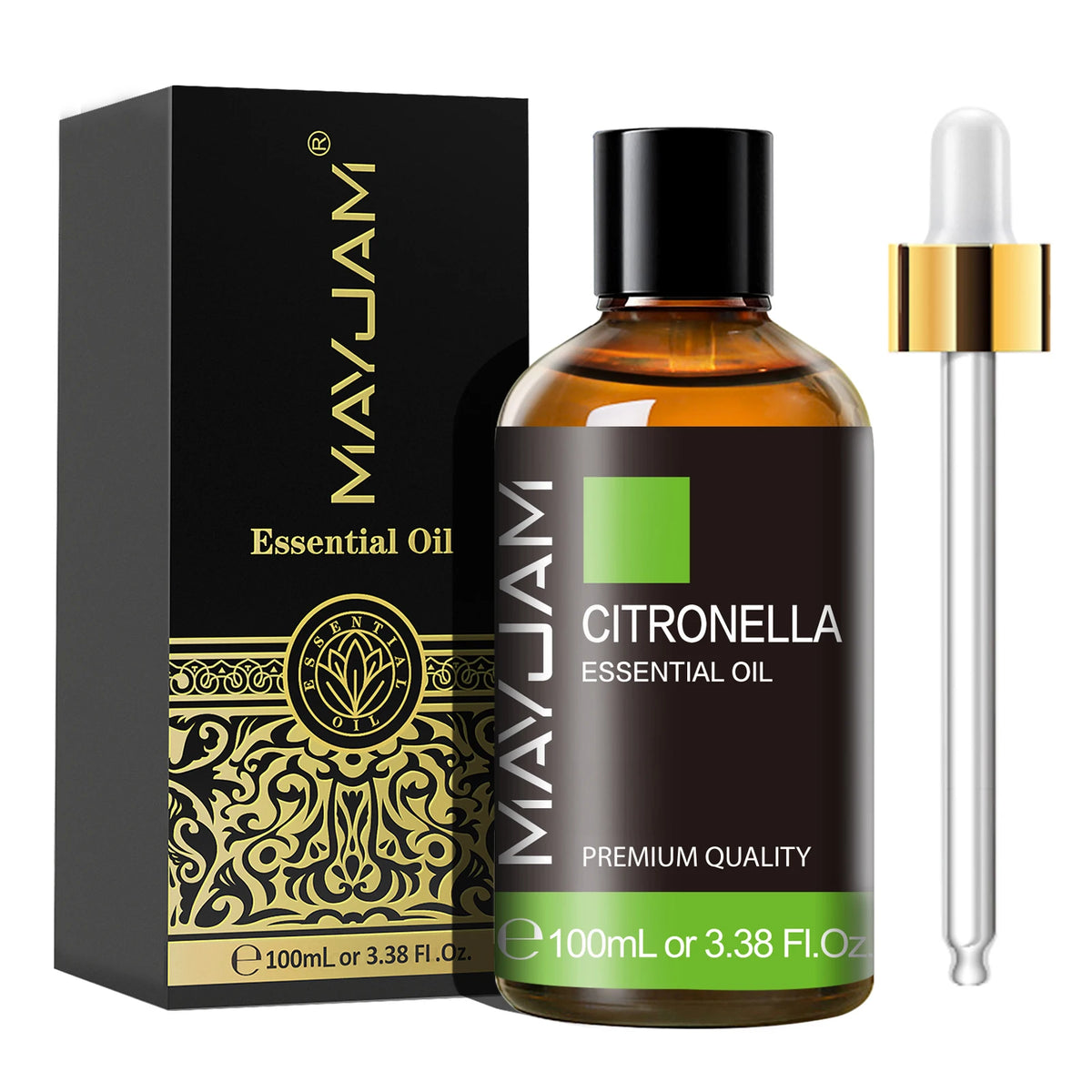 MAYJAM pure aromatherapy oil bottle with dropper for calming diffuser use, spa routines, and relaxation.