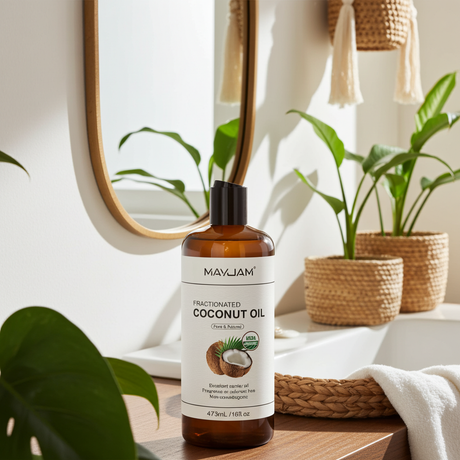 Bottle of MAVIJAM Fractionated Coconut Oil on a wooden surface with plants in the background