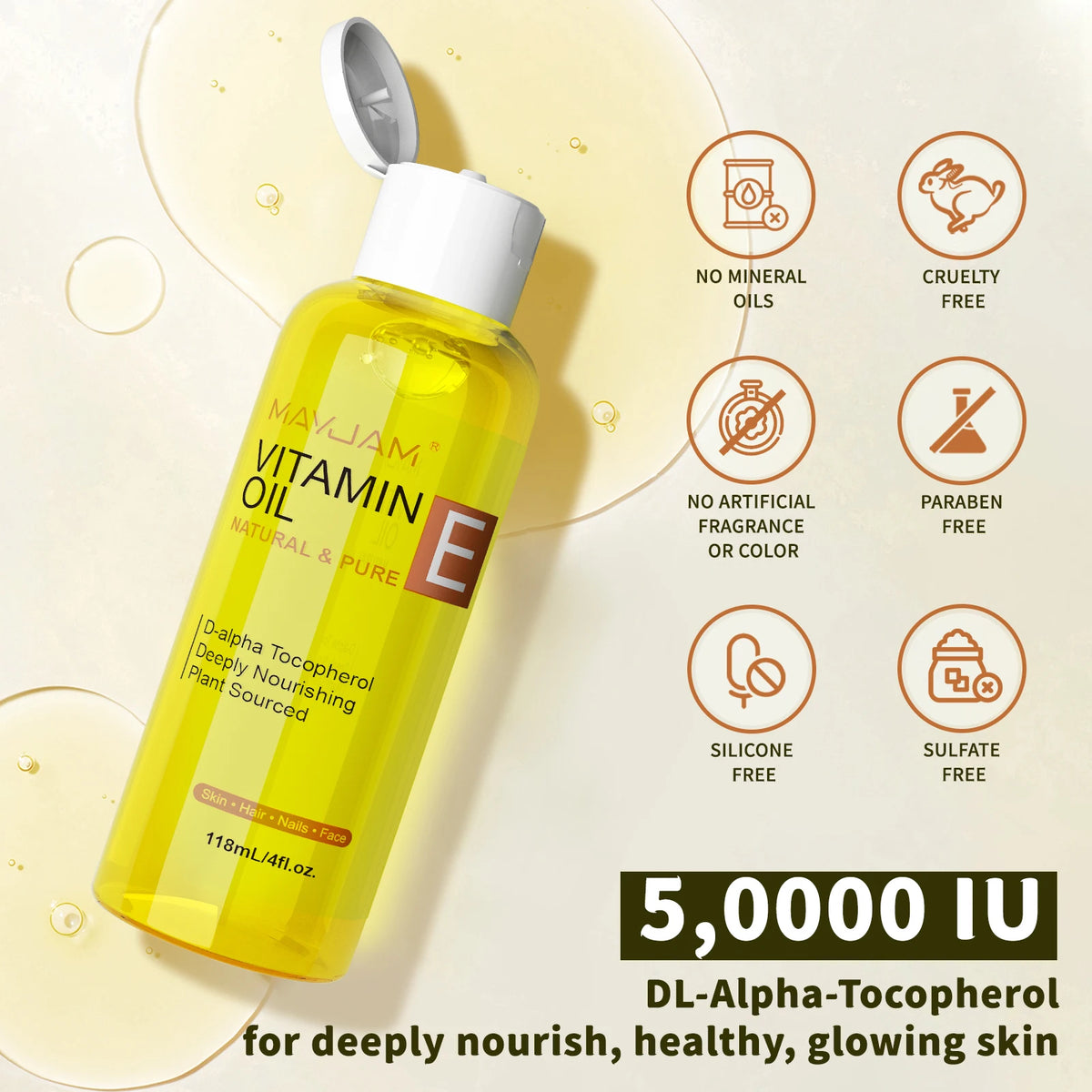 MAYJAM Pure Vitamin E Oil for Face, Skin and Hair skincare bottle for hydrating dry skin, improving softness, and everyday facial care.