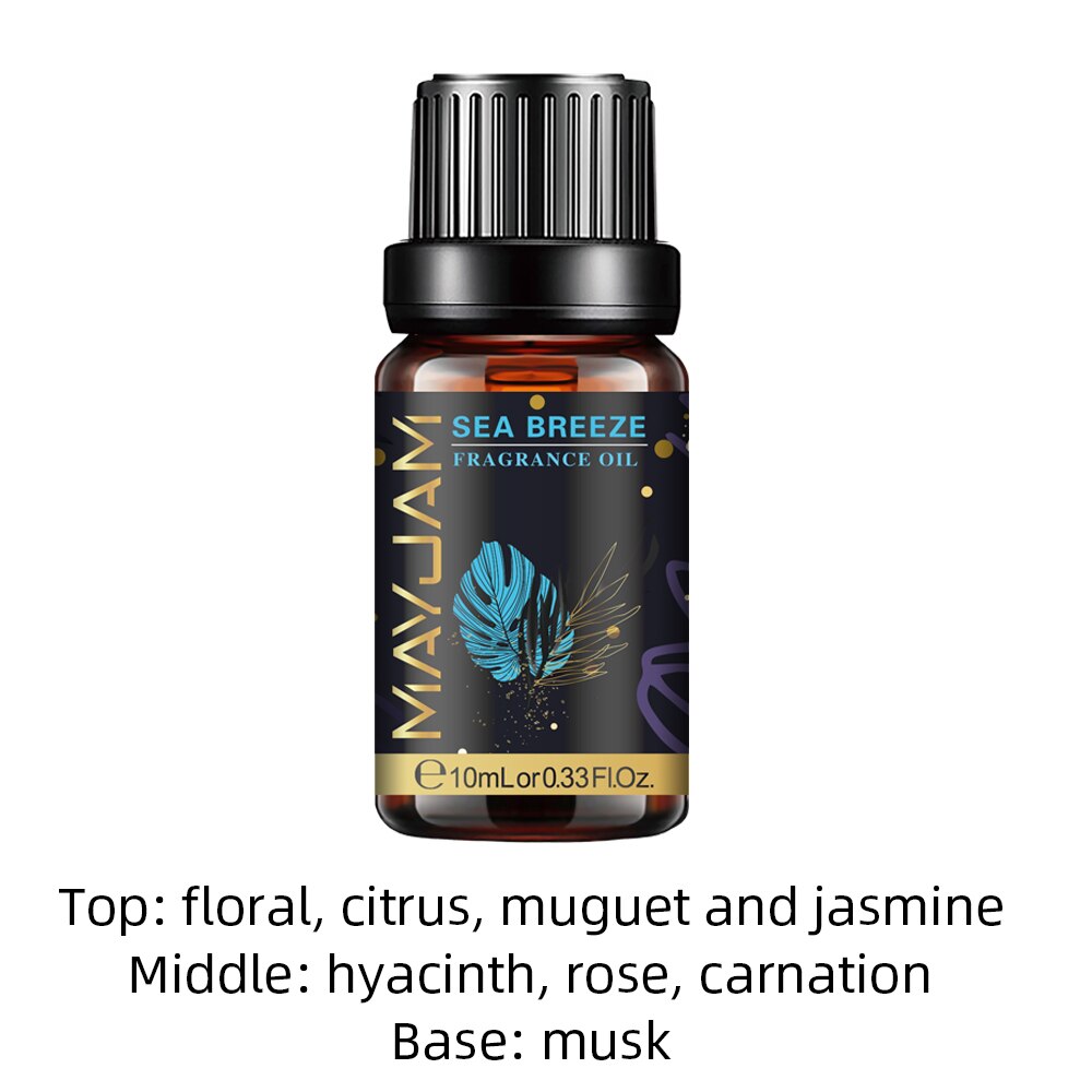 MAYJAM 10ml aroma oil bottle with Sea Breeze, Vanilla, Coconut, and White Musk fragrance for relaxing diffuser use and scented DIY products.