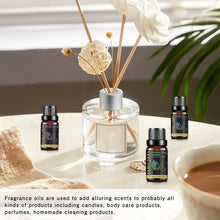 MAYJAM 10ml fragrance oil bottles beside a reed diffuser, shown as scents for candles, body care products and homemade cleaning products.