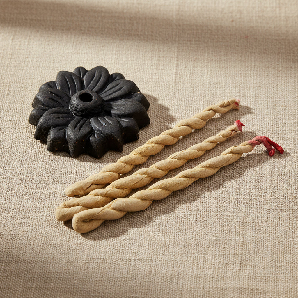Medicine Buddha Cedar Wood Incense Ropes burning for meditation and daily practice.