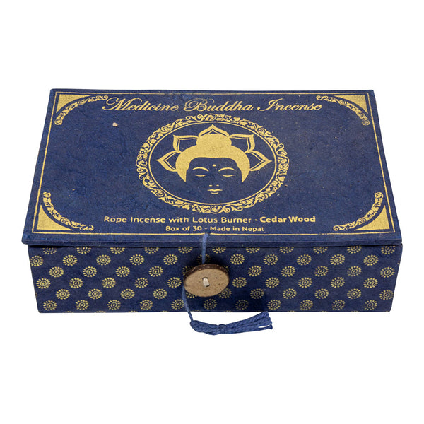 Medicine Buddha Incense 30 Ropes Cedar Wood with reusable Lotus holder for meditation and relaxation.