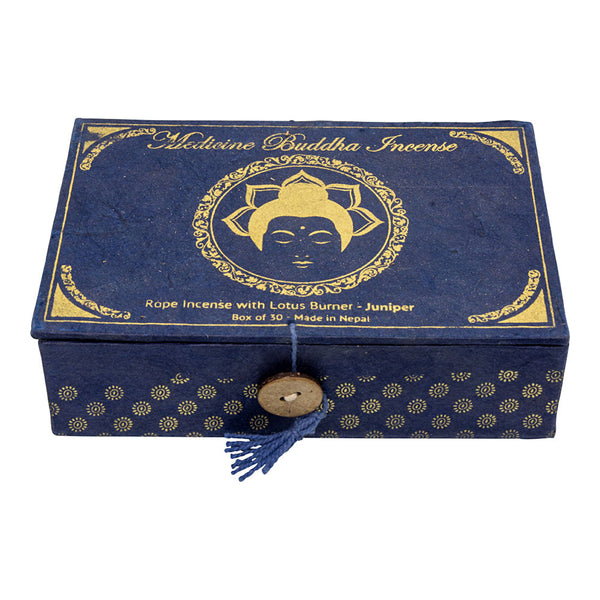 Medicine Buddha Incense 30 Ropes Juniper with Lotus holder for meditation, prayer, and mindfulness rituals.