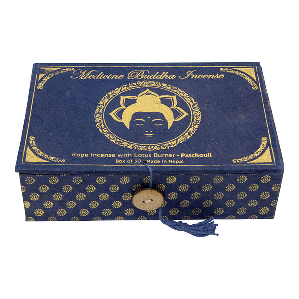 Medicine Buddha Incense 30 Ropes Patchouli with Lotus holder for meditation, yoga, and mindful relaxation.