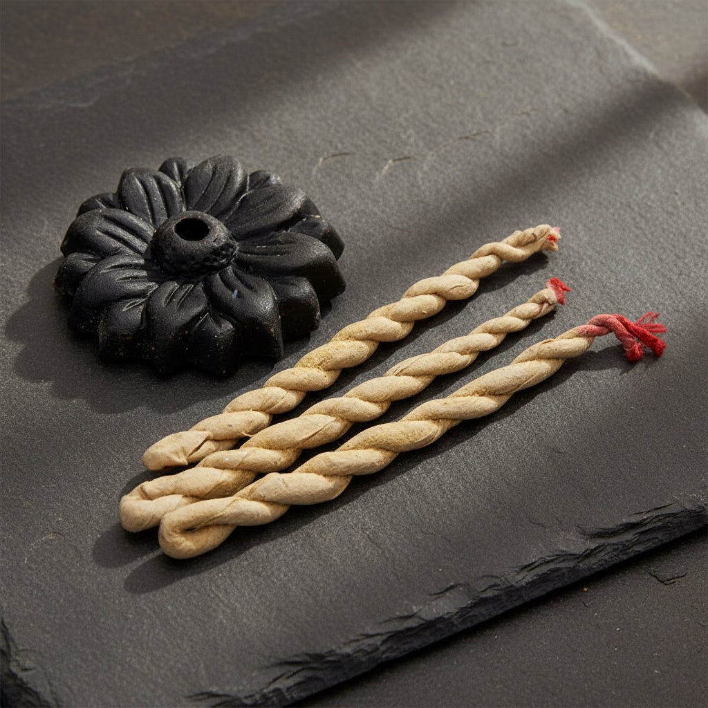 Medicine Buddha Juniper Incense Ropes burning for meditation and relaxation.
