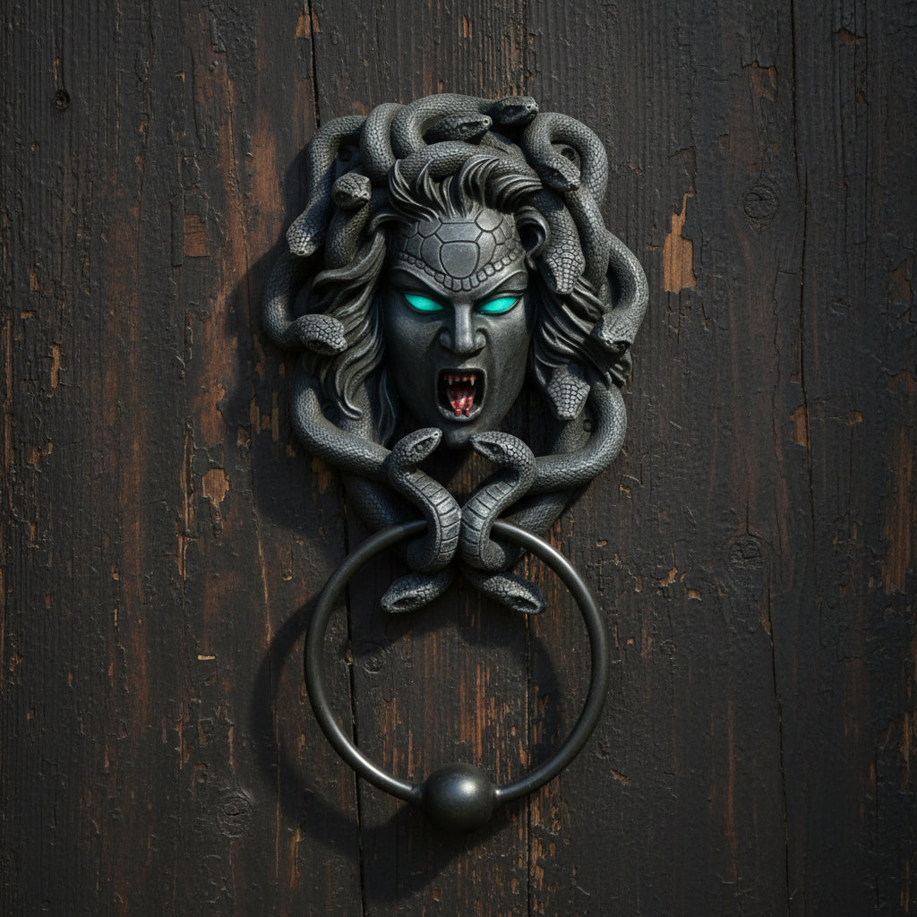 Medusa door knocker sculptural home accent for gothic decor, front door styling, and mythology-inspired display.
