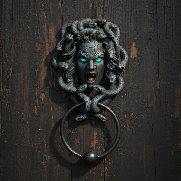 Medusa door knocker sculptural home accent for gothic decor, front door styling, and mythology-inspired display.