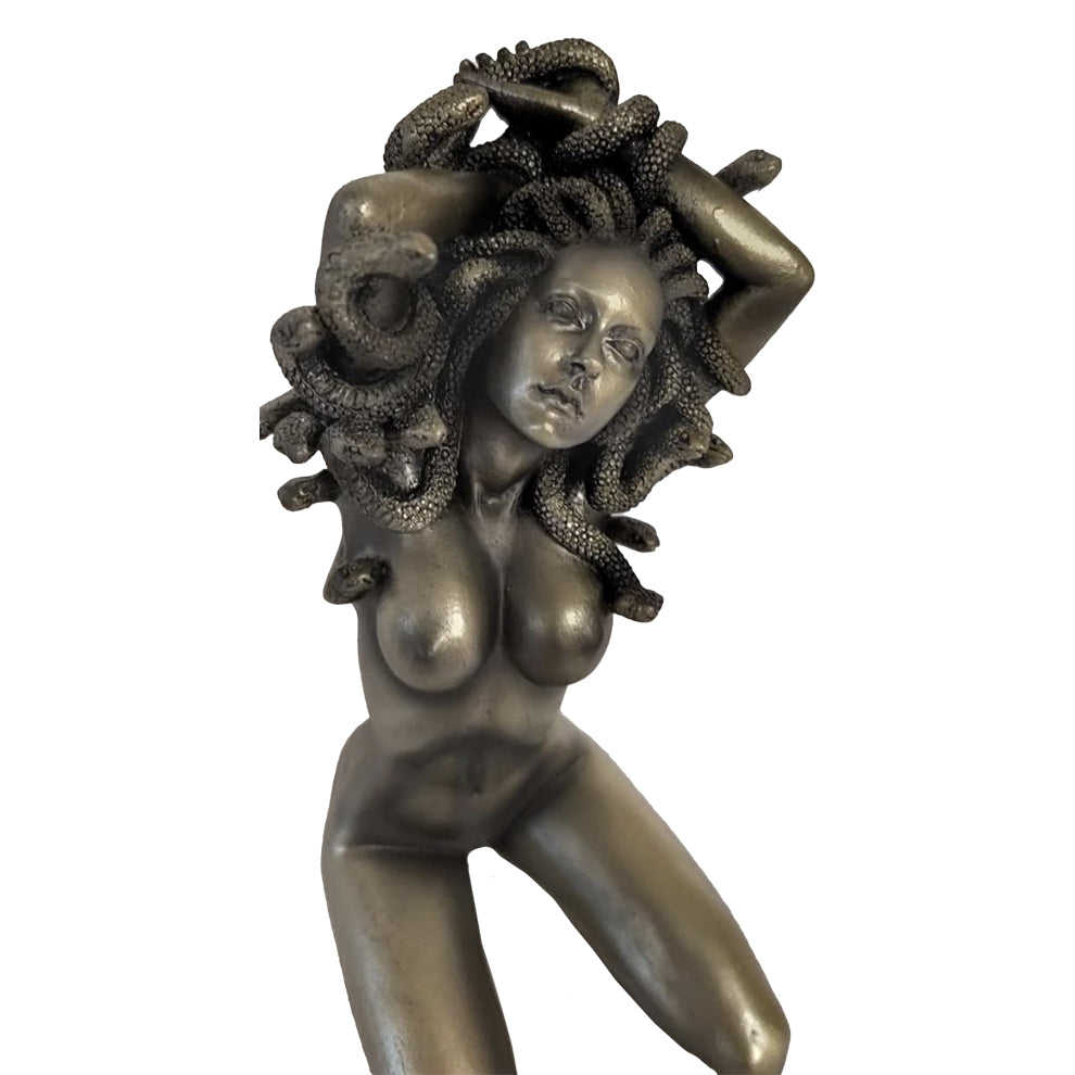 Medusa kneeling figurine decor piece for shelf styling, fantasy room decoration, and mythological display.