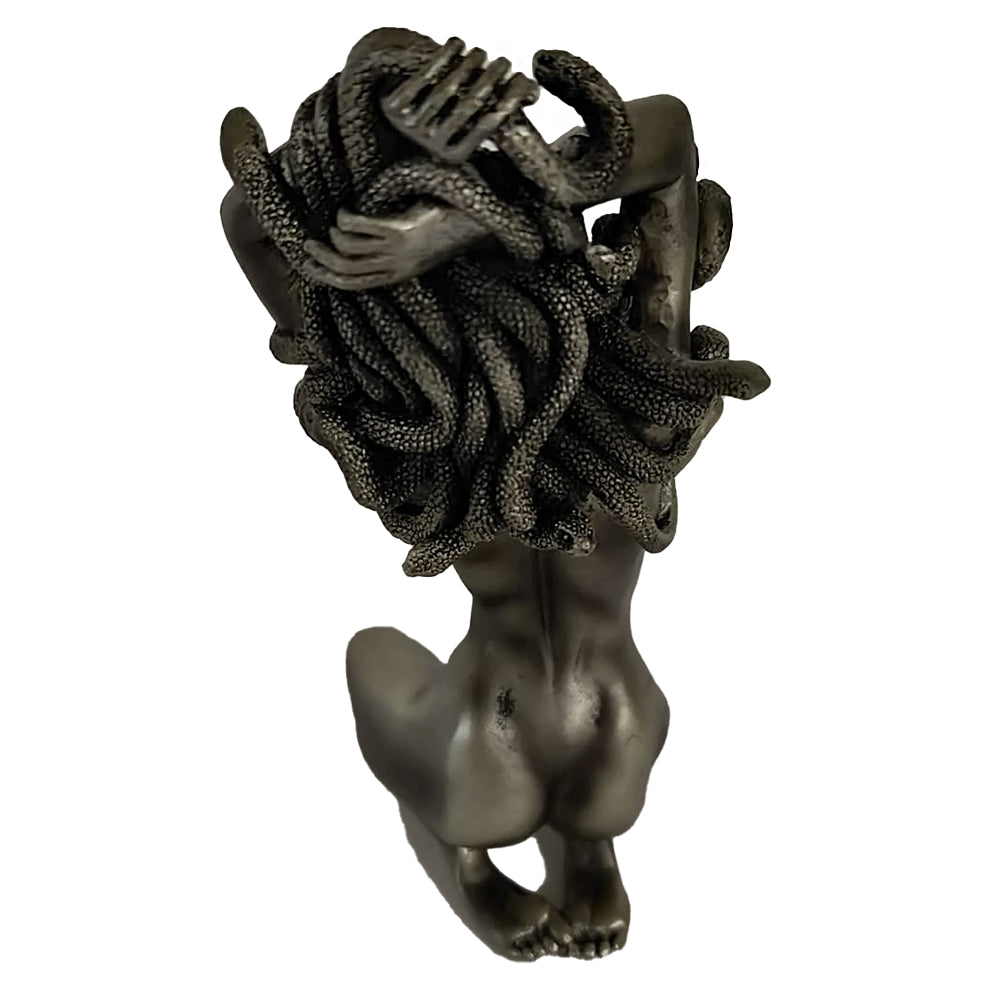 Medusa kneeling resin statue for altar decor, gothic interior styling, and collector display use.