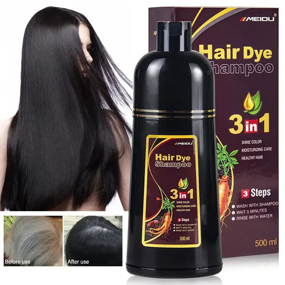 MEIDU 3-in-1 Herbal Hair Dye Shampoo bottle and packaging with before and after usage images on white background.