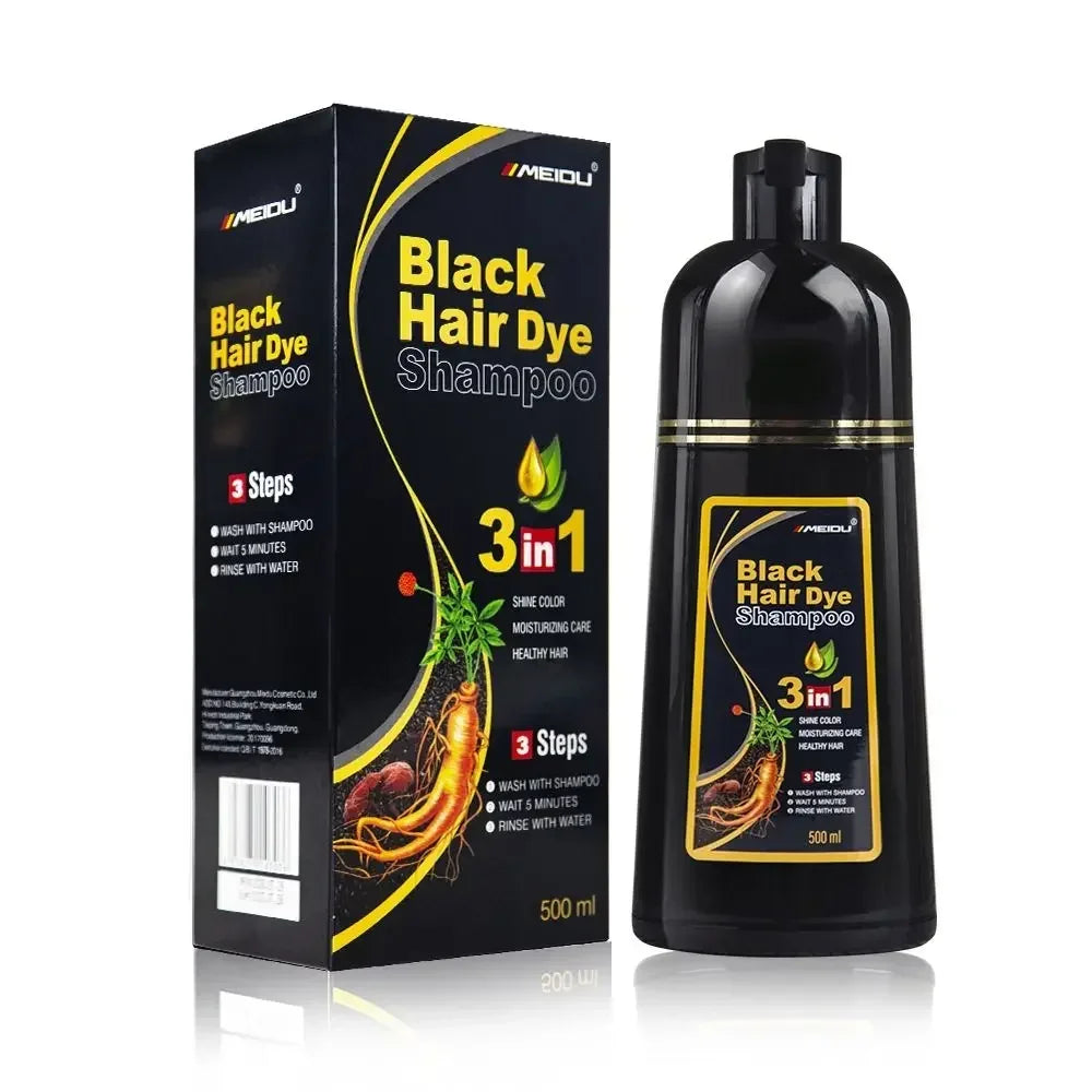 MEIDU 3-in-1 Herbal Hair Dye Shampoo in black — packaging and bottle on white background.