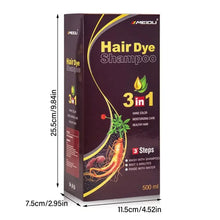 MEIDU 3-in-1 Herbal Hair Dye Shampoo box with dimensions on white background.