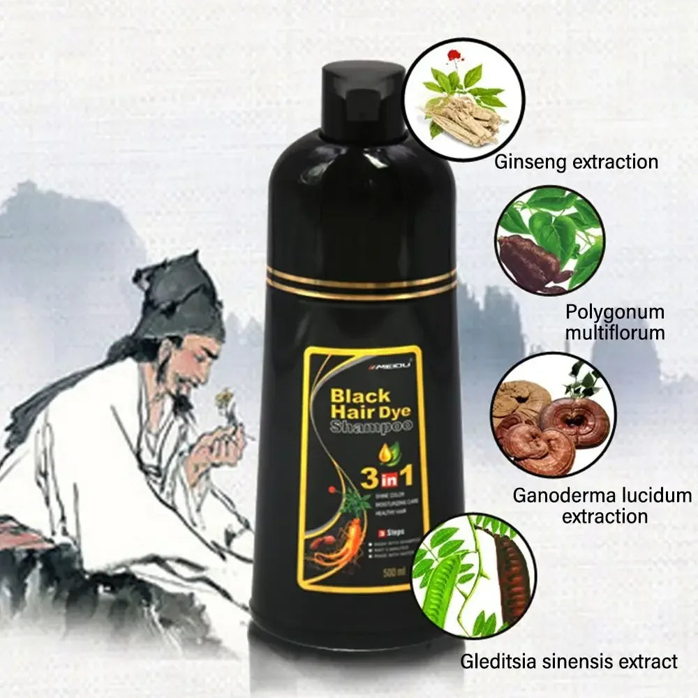 MEIDU 3-in-1 Herbal Hair Dye Shampoo bottle with herbal extracts illustration on white background.