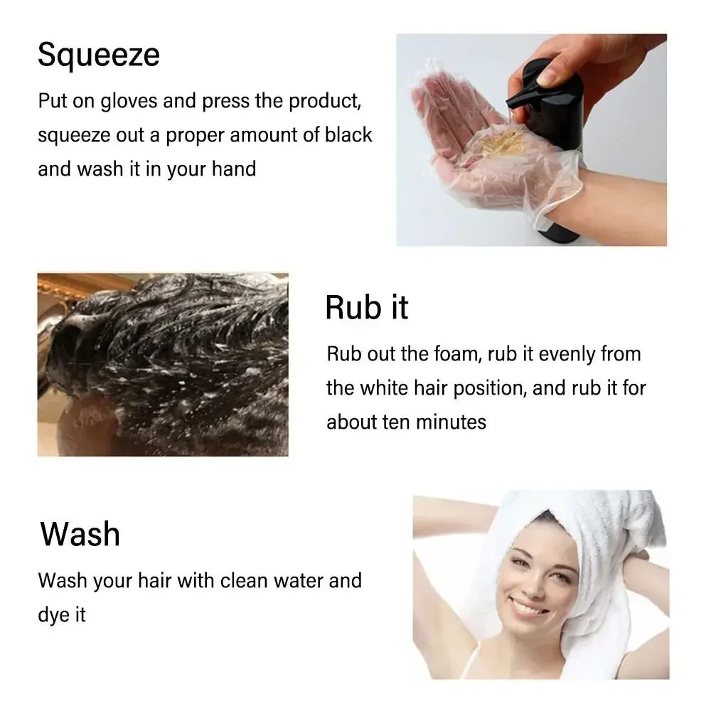 MEIDU 3-in-1 Herbal Hair Dye Shampoo step-by-step application instructions with images.