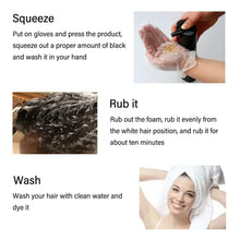 MEIDU 3-in-1 Herbal Hair Dye Shampoo step-by-step application instructions with images.