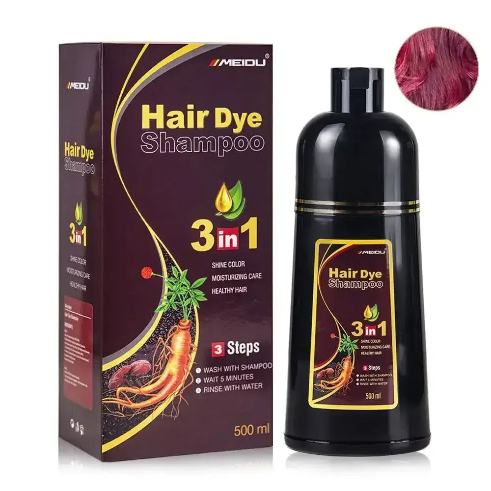 MEIDU 3-in-1 Herbal Hair Dye Shampoo packaging and bottle displayed on white background.
