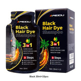 MEIDU 3-in-1 Herbal Black Hair Dye Shampoo packaging with dark background for gray hair coverage.