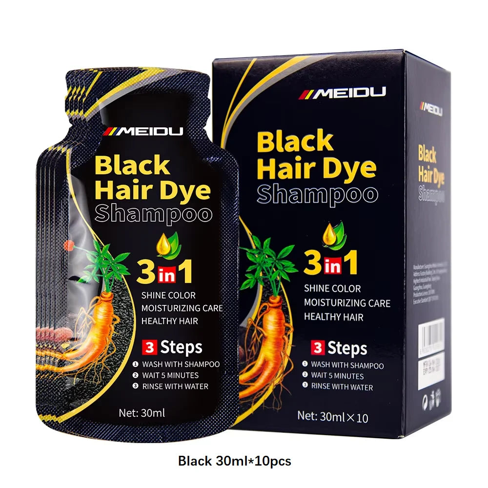 MEIDU 3-in-1 Herbal Black Hair Dye Shampoo packaging with dark background for gray hair coverage.