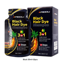 MEIDU 3-in-1 Herbal Black Hair Dye Shampoo packaging with dark background for gray hair coverage.