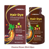 MEIDU 3-in-1 Herbal Hair Dye Shampoo in chestnut brown color on white background.