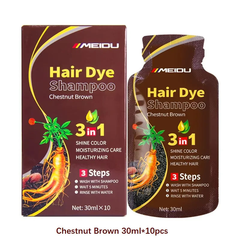 MEIDU 3-in-1 Herbal Hair Dye Shampoo in chestnut brown color on white background.