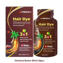 MEIDU 3-in-1 Herbal Hair Dye Shampoo in chestnut brown color on white background.