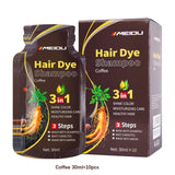MEIDU 3-in-1 Herbal Hair Dye Shampoo in coffee brown color on white background.