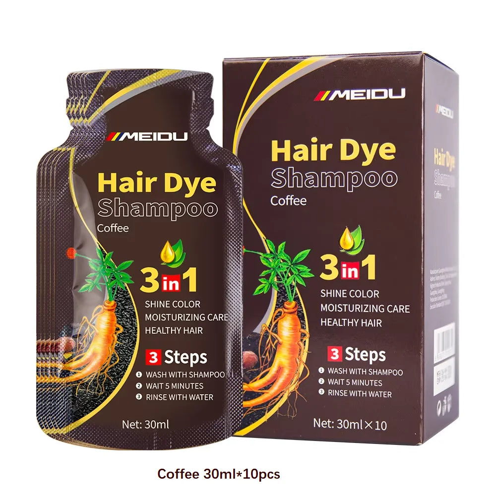 MEIDU 3-in-1 Herbal Hair Dye Shampoo in coffee brown color on white background.