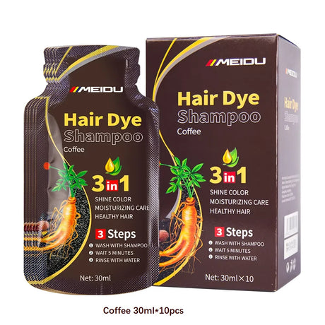 MEIDU 3-in-1 Herbal Hair Dye Shampoo in coffee brown color on white background.