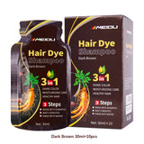 MEIDU 3-in-1 Herbal Hair Dye Shampoo packaging with brand logo on white background.