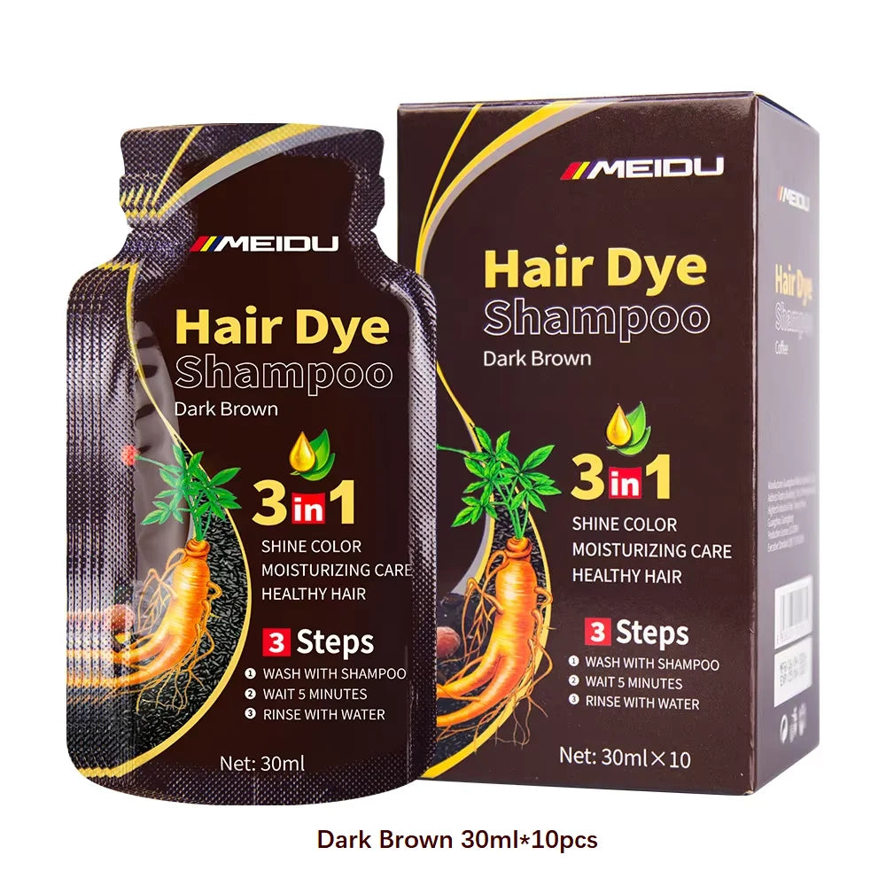MEIDU 3-in-1 Herbal Hair Dye Shampoo packaging with brand logo on white background.