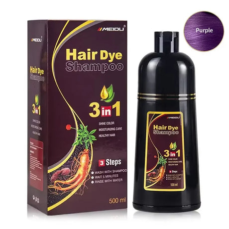 MEIDU 3-in-1 Herbal Hair Dye Shampoo in purple color with swatch on white background.