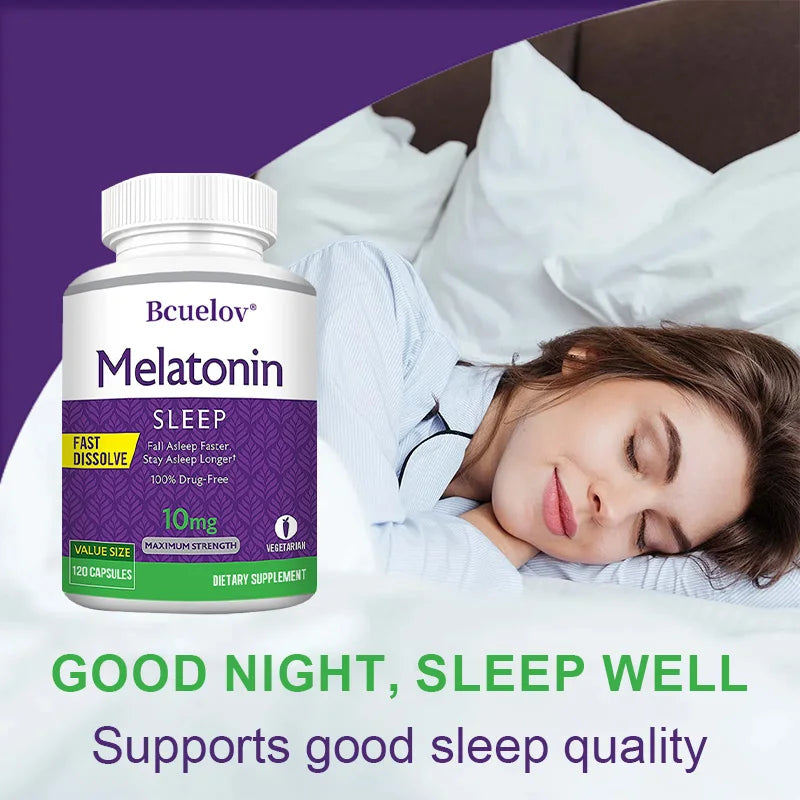 Bcuelov Melatonin 10mg Sleep Support capsules bottle for bedtime support, helping with sleep routines and evening relaxation.